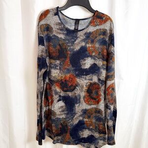 Royce Gray Navy Orange Abstract Print Sweater XL Asymmetrical Hem Made in Canada